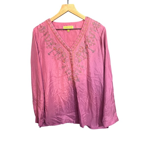 Sigrid Olsen Signature NWT 100% Silk Embroidered Long Sleeve V-Neck Blouse Pink - Picture 1 of 7